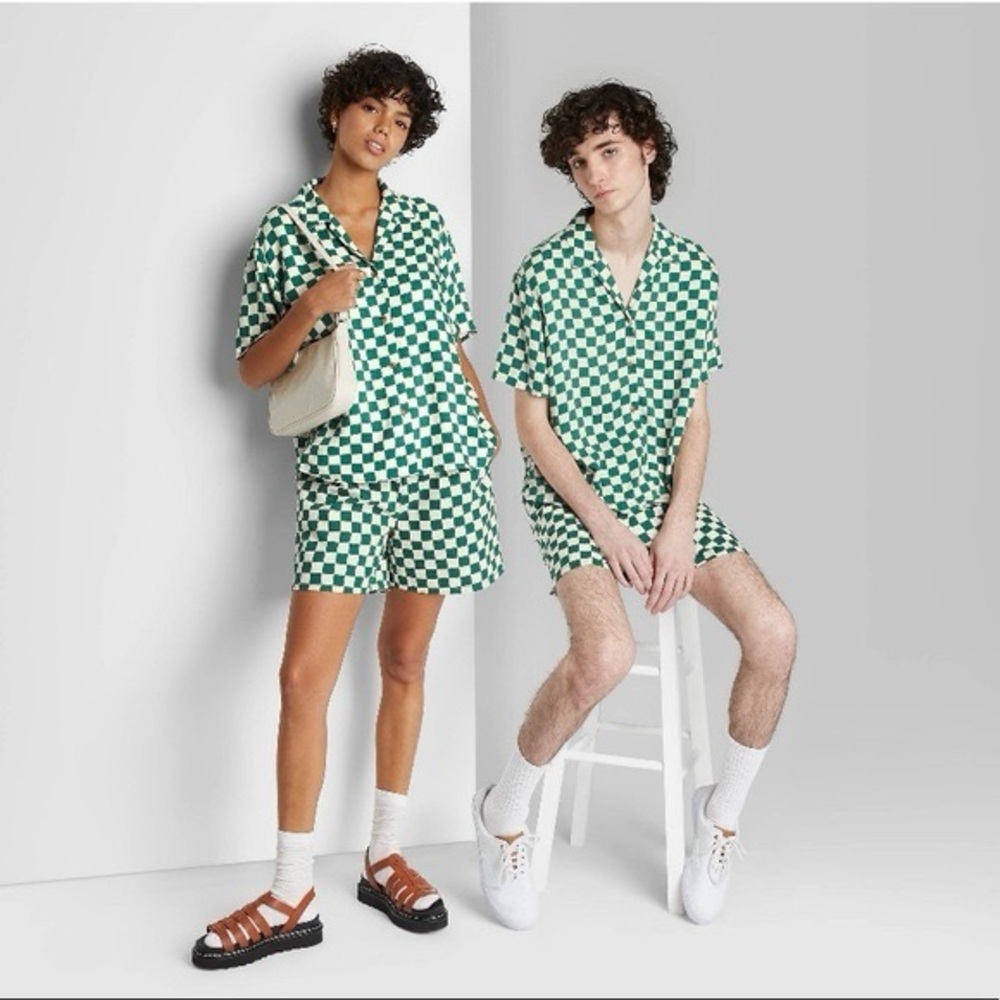 Wild Fable Green & White Checkered Retro Top & Shorts Matching Set NWT size M